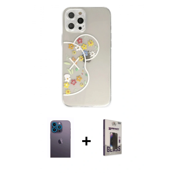 MARSİLYAN™- iPhone 12 Pro Max Kılıf Eksen Asil Prime - Siyah Bilvis Hayalet Cam Ekran Koruyucu + Neon Fosforlu Kamera Lens - MI
