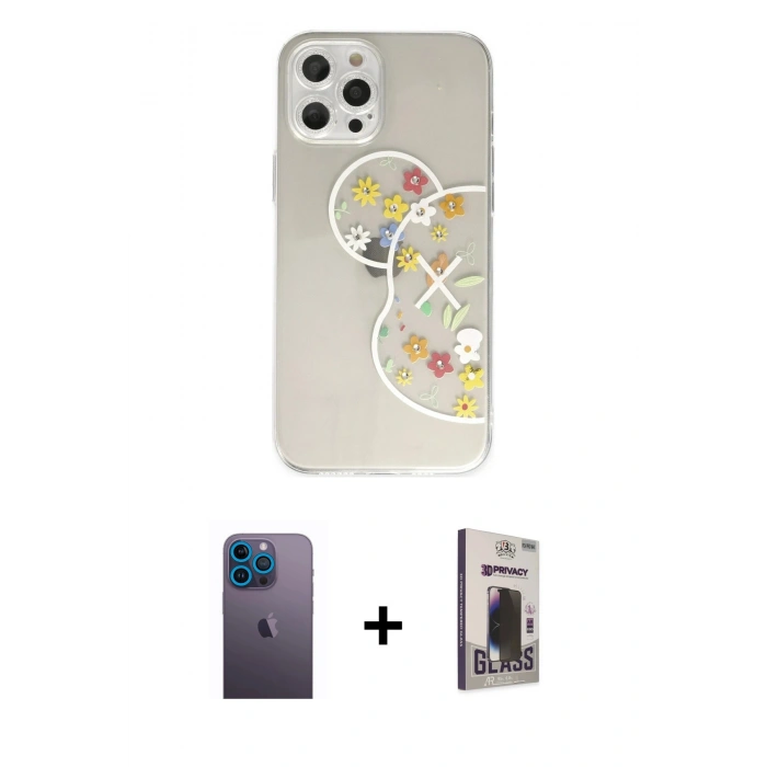 MARSİLYAN™- iPhone 12 Pro Max Kılıf Eksen Asil Prime - Siyah Bilvis Hayalet Cam Ekran Koruyucu + Neon Fosforlu Kamera Lens - MI