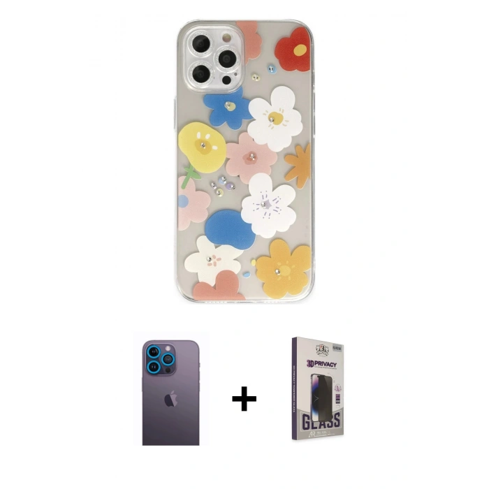 MARSİLYAN™- iPhone 12 Pro Max Kılıf Eksen Asil Prime - Siyah Bilvis Hayalet Cam Ekran Koruyucu + Neon Fosforlu Kamera Lens - MI