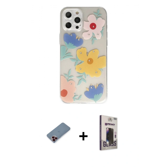 MARSİLYAN™- iPhone 12 Pro Max Kılıf Eksen Asil Prime - Siyah Bilvis Hayalet Cam Ekran Koruyucu + Metal Kamera Lens Koruma Cam - KI