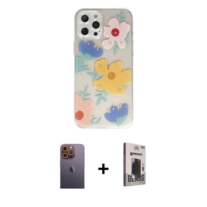 MARSİLYAN™- iPhone 12 Pro Max Kılıf Eksen Asil Prime - Siyah Bilvis Hayalet Cam Ekran Koruyucu + Neon Fosforlu Kamera Lens - SI