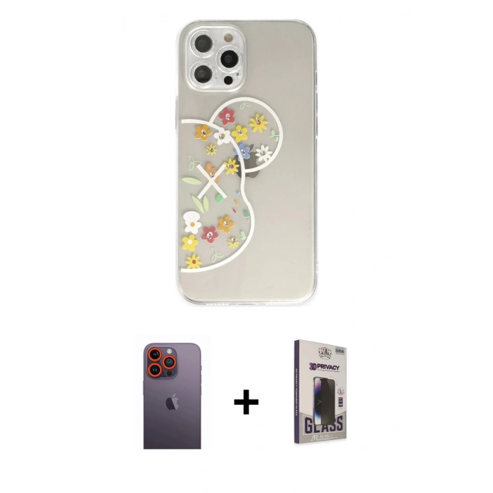 MARSİLYAN™- iPhone 12 Pro Max Kılıf Eksen Asil Prime - Siyah Bilvis Hayalet Cam Ekran Koruyucu + Neon Fosforlu Kamera Lens - TU