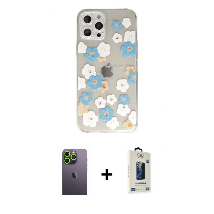 MARSİLYAN™- iPhone 12 Pro Max Kılıf Eksen Asil Prime - Siyah Bilvis Hayalet Cam Ekran Koruyucu + Neon Fosforlu Kamera Lens - YL