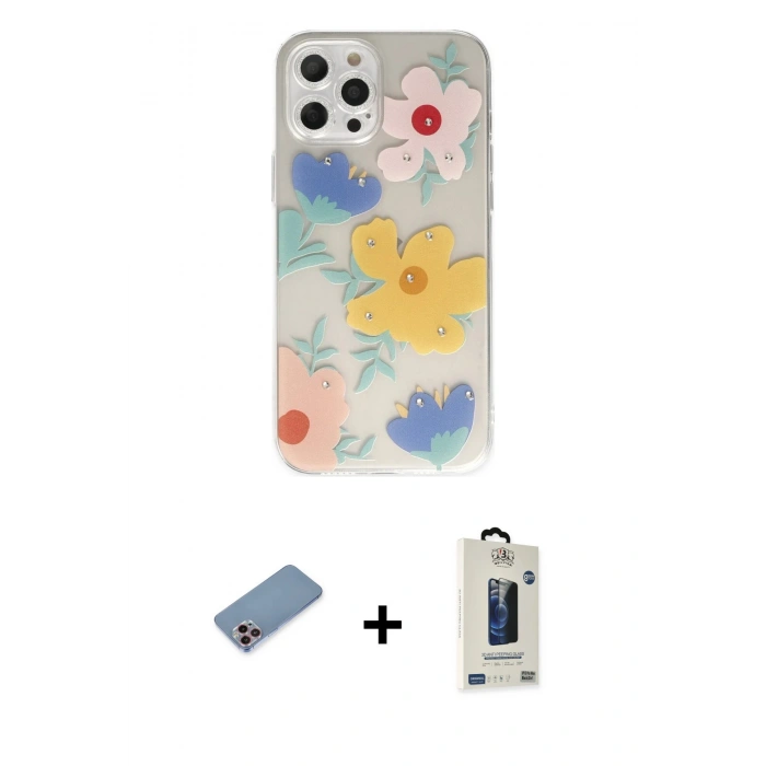 MARSİLYAN™- iPhone 12 Pro Max Kılıf Eksen Asil Prime - Siyah Bilvis Hayalet Cam Ekran Koruyucu + Pembe Shine Kamera Lens Koruma Cam