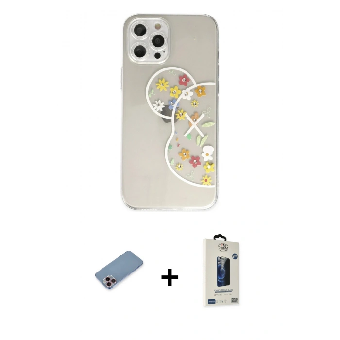 MARSİLYAN™- iPhone 12 Pro Max Kılıf Eksen Asil Prime - Siyah Bilvis Hayalet Cam Ekran Koruyucu + Pembe Shine Kamera Lens Koruma Cam