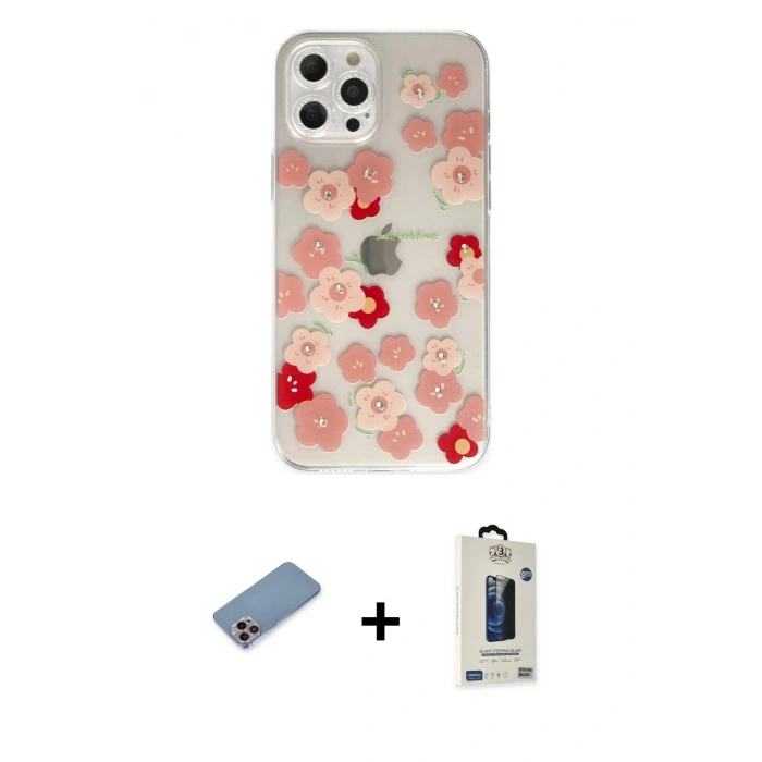 MARSİLYAN™- iPhone 12 Pro Max Kılıf Eksen Asil Prime - Siyah Bilvis Hayalet Cam Ekran Koruyucu + Pembe Shine Kamera Lens Koruma Cam