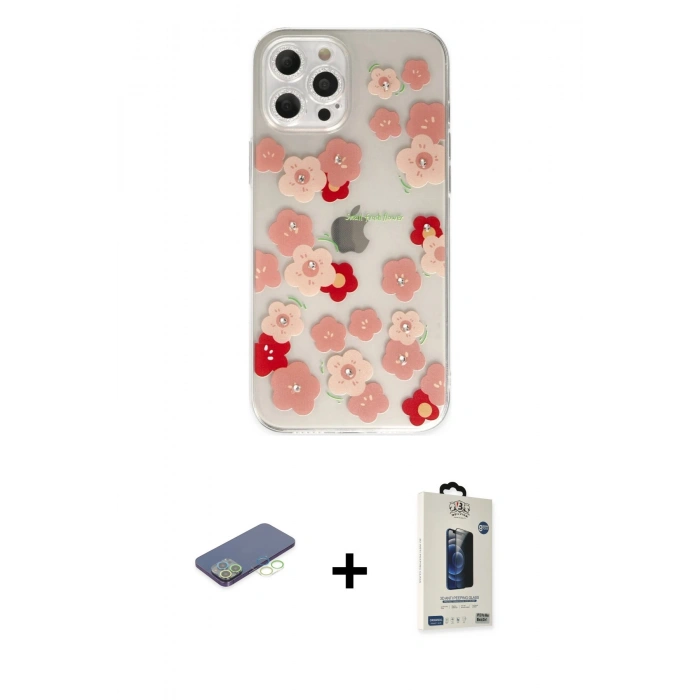 MARSİLYAN™- iPhone 12 Pro Max Kılıf Eksen Asil Prime - Siyah Bilvis Hayalet Cam Ekran Koruyucu + Renkli Kamera Lens Koruma Cam - YL
