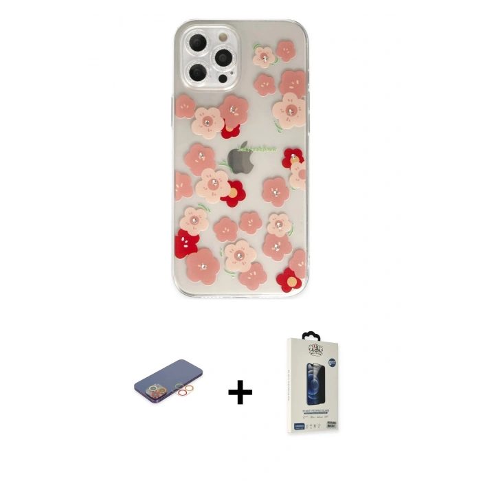 MARSİLYAN™- iPhone 12 Pro Max Kılıf Eksen Asil Prime - Siyah Bilvis Hayalet Cam Ekran Koruyucu + Renkli Kamera Lens Koruma Cam - TU
