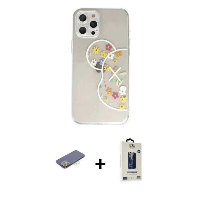 MARSİLYAN™- iPhone 12 Pro Max Kılıf Eksen Asil Prime - Siyah Bilvis Hayalet Cam Ekran Koruyucu + Renkli Kamera Lens Koruma Cam - SI