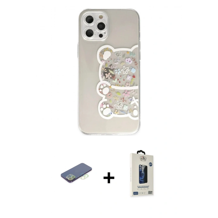 MARSİLYAN™- iPhone 12 Pro Max Kılıf Eksen Asil Prime - Siyah Bilvis Hayalet Cam Ekran Koruyucu + Renkli Kamera Lens Koruma Cam - YL
