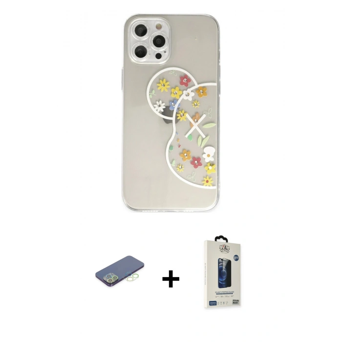 MARSİLYAN™- iPhone 12 Pro Max Kılıf Eksen Asil Prime - Siyah Bilvis Hayalet Cam Ekran Koruyucu + Renkli Kamera Lens Koruma Cam - YL
