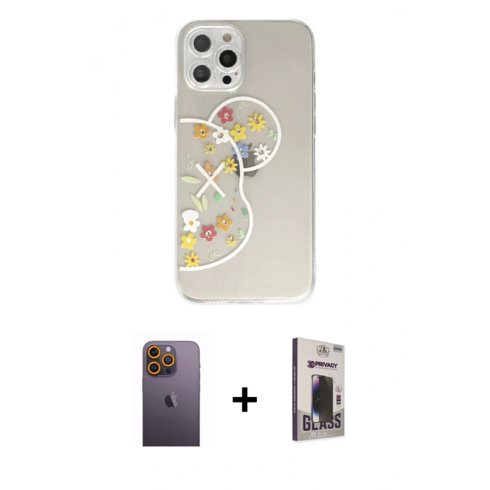 MARSİLYAN™- iPhone 12 Pro Max Kılıf Eksen Asil Prime - Siyah Bilvis Hayalet Cam Ekran Koruyucu + Sarı Neon Fosforlu Kamera Lens