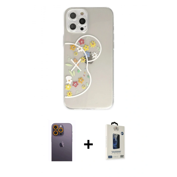 MARSİLYAN™- iPhone 12 Pro Max Kılıf Eksen Asil Prime - Siyah Bilvis Hayalet Cam Ekran Koruyucu + Sarı Neon Fosforlu Kamera Lens
