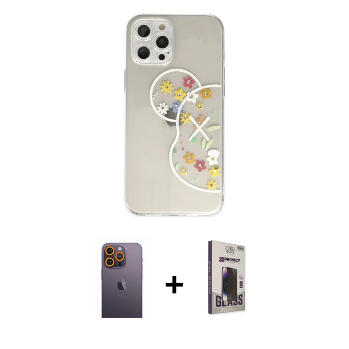 MARSİLYAN™- iPhone 12 Pro Max Kılıf Eksen Asil Prime - Siyah Bilvis Hayalet Cam Ekran Koruyucu + Sarı Neon Fosforlu Kamera Lens