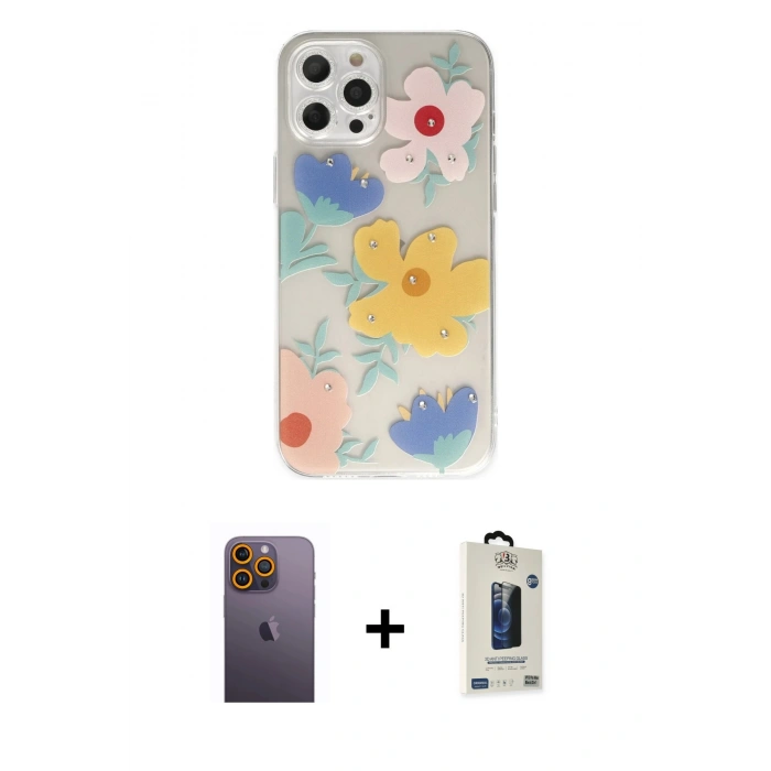 MARSİLYAN™- iPhone 12 Pro Max Kılıf Eksen Asil Prime - Siyah Bilvis Hayalet Cam Ekran Koruyucu + Sarı Neon Fosforlu Kamera Lens