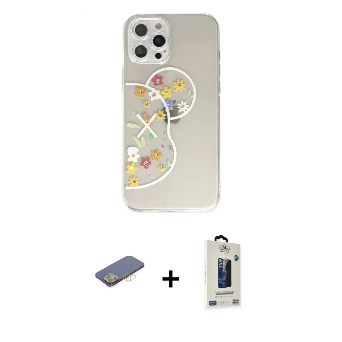 MARSİLYAN™- iPhone 12 Pro Max Kılıf Eksen Asil Prime - Siyah Bilvis Hayalet Cam Ekran Koruyucu + Sarı Renkli Kamera Lens Koruma Cam