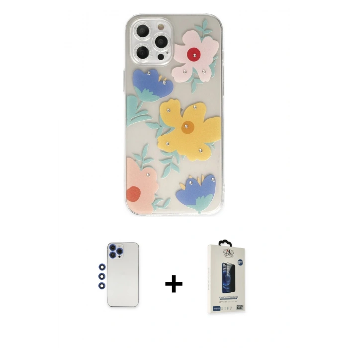 MARSİLYAN™- iPhone 12 Pro Max Kılıf Eksen Asil Prime - Siyah Bilvis Hayalet Cam Ekran Koruyucu + Shine Kamera Lens - LT