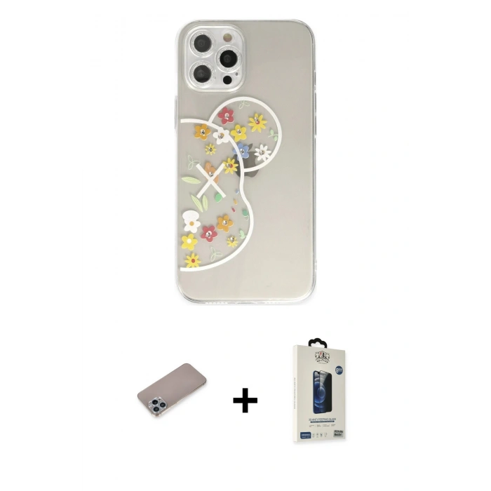MARSİLYAN™- iPhone 12 Pro Max Kılıf Eksen Asil Prime - Siyah Bilvis Hayalet Cam Ekran Koruyucu + Shine Kamera Lens Koruma Cam - SABE