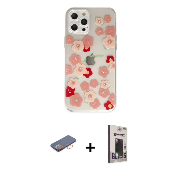 MARSİLYAN™- iPhone 12 Pro Max Kılıf Eksen Asil Prime - Siyah Bilvis Hayalet Cam Ekran Koruyucu + Turuncu Renkli Kamera Lens Koruma Cam