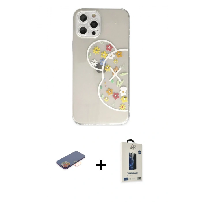 MARSİLYAN™- iPhone 12 Pro Max Kılıf Eksen Asil Prime - Siyah Bilvis Hayalet Cam Ekran Koruyucu + Renkli Kamera Lens Koruma Cam - TU