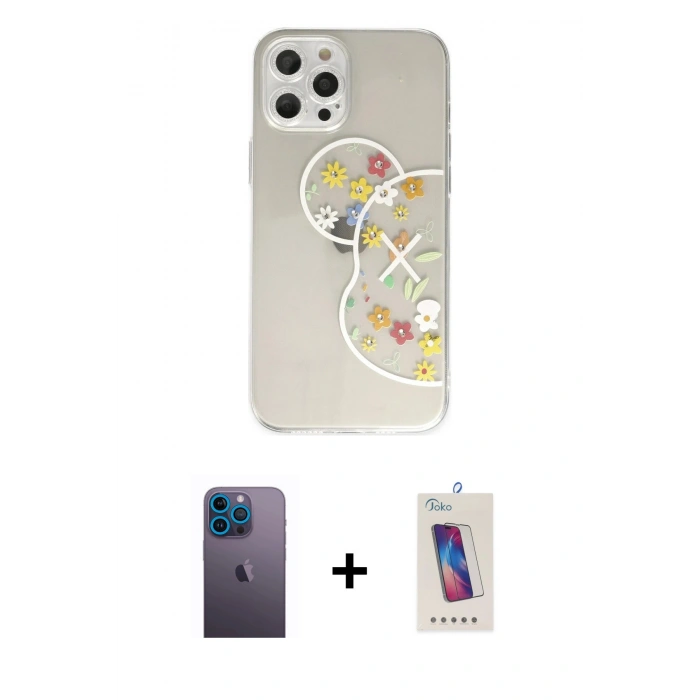 MARSİLYAN™- iPhone 12 Pro Max Kılıf Eksen Asil Prime - Siyah Joko 5D Cam + Neon Fosforlu Kamera Lens - MI