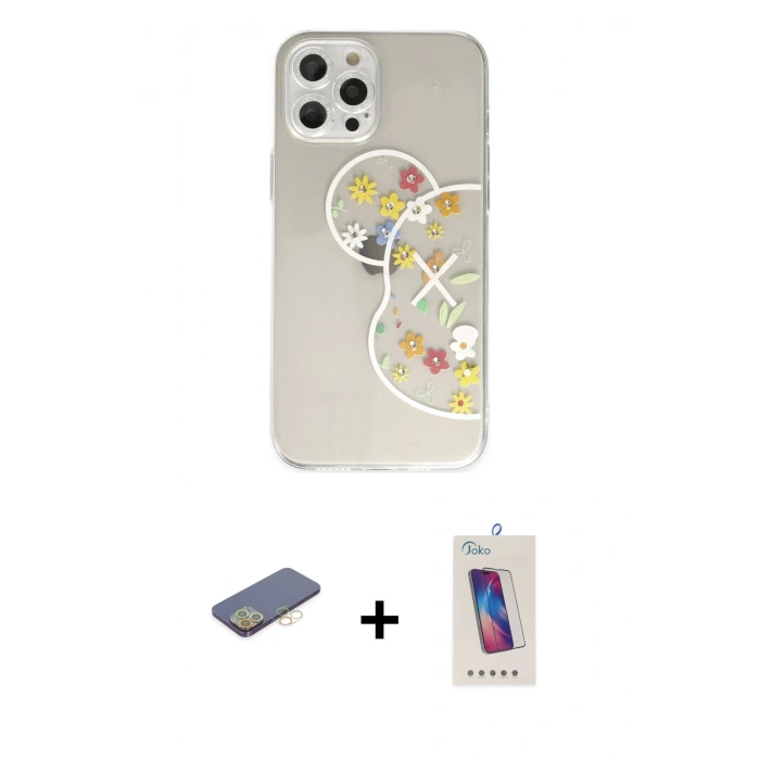 MARSİLYAN™- iPhone 12 Pro Max Kılıf Eksen Asil Prime - Siyah Joko 5D Cam + Sarı Renkli Kamera Lens Koruma Cam