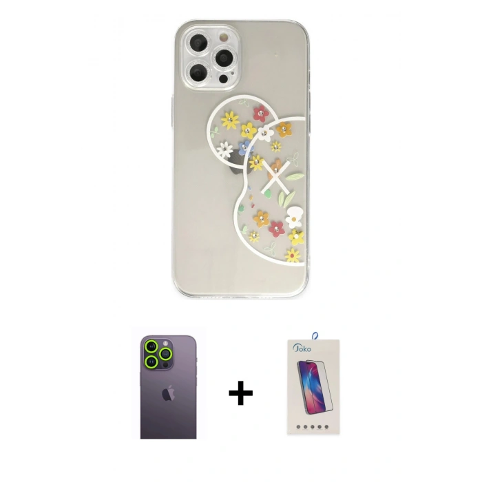 MARSİLYAN™- iPhone 12 Pro Max Kılıf Eksen Asil Prime - Siyah Joko 5D Cam + Neon Fosforlu Kamera Lens - YL