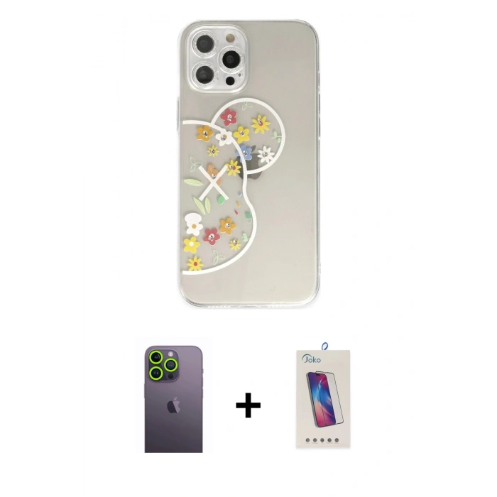MARSİLYAN™- iPhone 12 Pro Max Kılıf Eksen Asil Prime - Siyah Joko 5D Cam + Neon Fosforlu Kamera Lens - YL