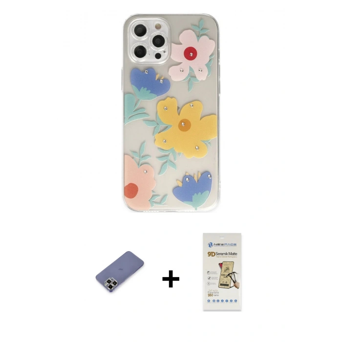 MARSİLYAN™- iPhone 12 Pro Max Kılıf Eksen Asil Prime - Siyah Mat Seramik Nano Ekran Koruyucu + Gold Metal Kamera Lens Koruma Cam