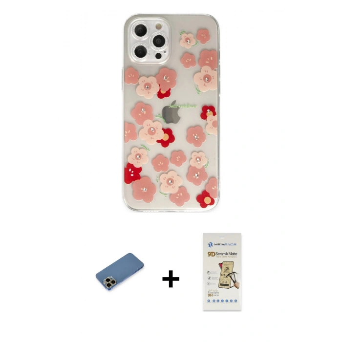 MARSİLYAN™- iPhone 12 Pro Max Kılıf Eksen Asil Prime - Siyah Mat Seramik Nano Ekran Koruyucu + Gold Shine Kamera Lens Koruma Cam