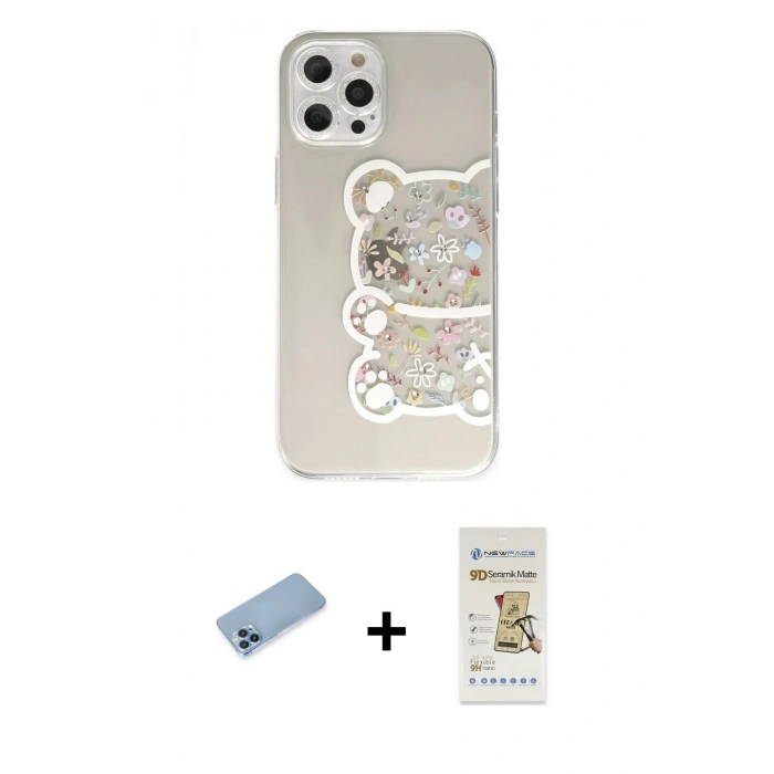 MARSİLYAN™- iPhone 12 Pro Max Kılıf Eksen Asil Prime - Siyah Mat Seramik Nano Ekran Koruyucu + Mavi Shine Kamera Lens Koruma Cam