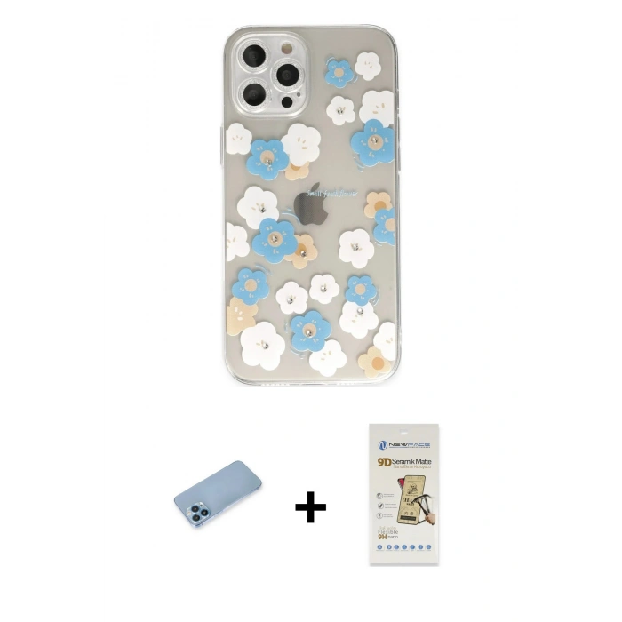 MARSİLYAN™- iPhone 12 Pro Max Kılıf Eksen Asil Prime - Siyah Mat Seramik Nano Ekran Koruyucu + Mavi Shine Kamera Lens Koruma Cam