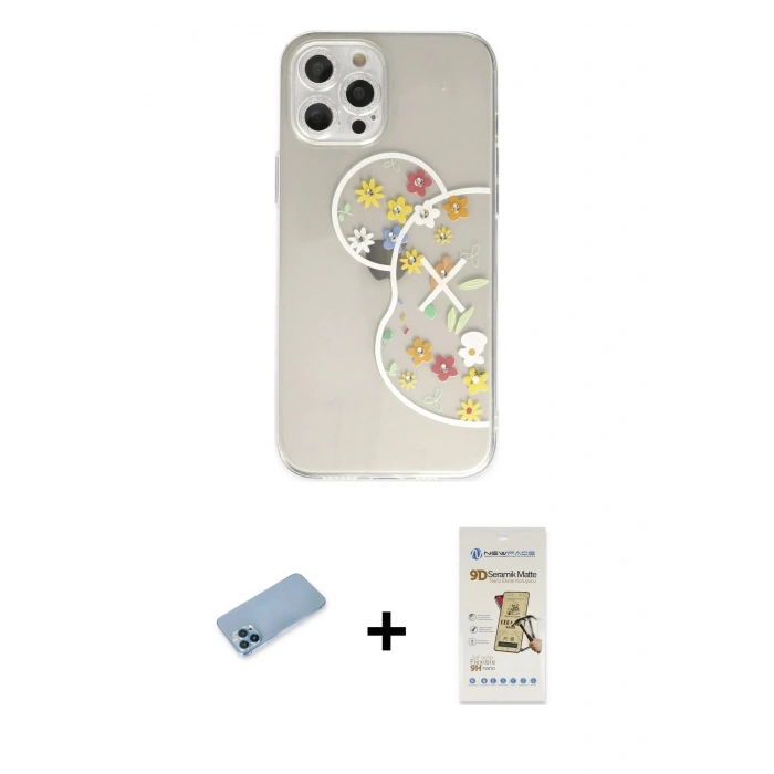 MARSİLYAN™- iPhone 12 Pro Max Kılıf Eksen Asil Prime - Siyah Mat Seramik Nano Ekran Koruyucu + Mavi Shine Kamera Lens Koruma Cam