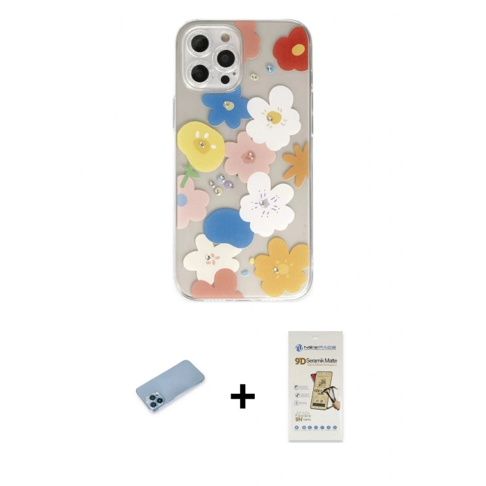MARSİLYAN™- iPhone 12 Pro Max Kılıf Eksen Asil Prime - Siyah Mat Seramik Nano Ekran Koruyucu + Mavi Shine Kamera Lens Koruma Cam
