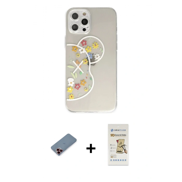 MARSİLYAN™- iPhone 12 Pro Max Kılıf Eksen Asil Prime - Siyah Mat Seramik Nano Ekran Koruyucu + Metal Kamera Lens Koruma Cam - KI