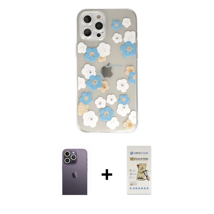 MARSİLYAN™- iPhone 12 Pro Max Kılıf Eksen Asil Prime - Siyah Mat Seramik Nano Ekran Koruyucu + Neon Fosforlu Kamera Lens - BZ