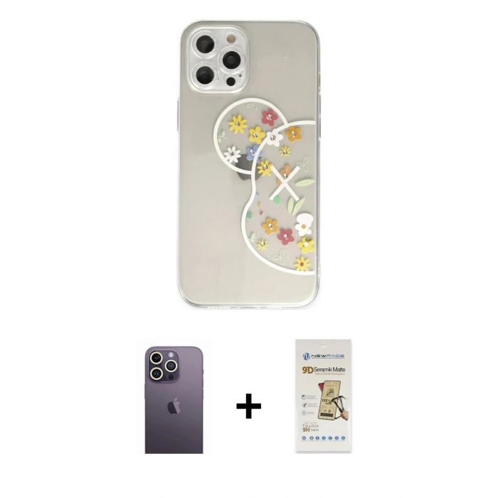 MARSİLYAN™- iPhone 12 Pro Max Kılıf Eksen Asil Prime - Siyah Mat Seramik Nano Ekran Koruyucu + Neon Fosforlu Kamera Lens - BZ