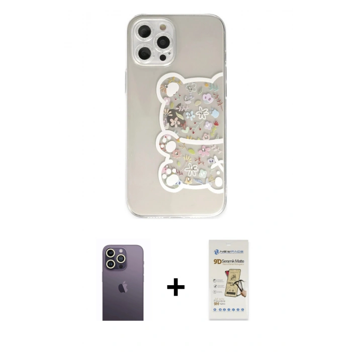 MARSİLYAN™- iPhone 12 Pro Max Kılıf Eksen Asil Prime - Siyah Mat Seramik Nano Ekran Koruyucu + Neon Fosforlu Kamera Lens - BZ