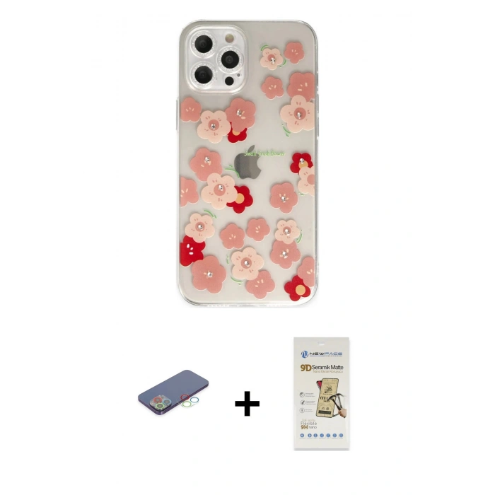 MARSİLYAN™- iPhone 12 Pro Max Kılıf Eksen Asil Prime - Siyah Mat Seramik Nano Ekran Koruyucu + Renkli Kamera Lens Koruma Cam - MI