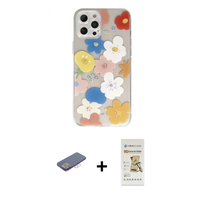 MARSİLYAN™- iPhone 12 Pro Max Kılıf Eksen Asil Prime - Siyah Mat Seramik Nano Ekran Koruyucu + Renkli Kamera Lens Koruma Cam - PE
