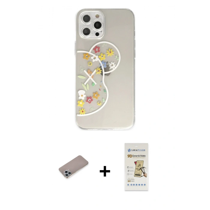 MARSİLYAN™- iPhone 12 Pro Max Kılıf Eksen Asil Prime - Siyah Mat Seramik Nano Ekran Koruyucu + Shine Kamera Lens Koruma Cam - SABE