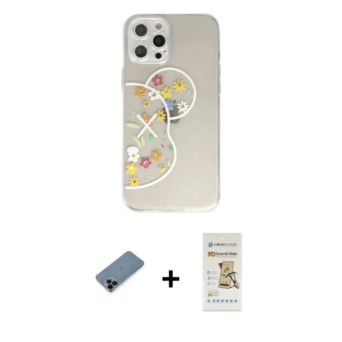MARSİLYAN™- iPhone 12 Pro Max Kılıf Eksen Asil Prime - Siyah Mat Seramik Nano Ekran Koruyucu + Siyah Shine Kamera Lens Koruma Cam