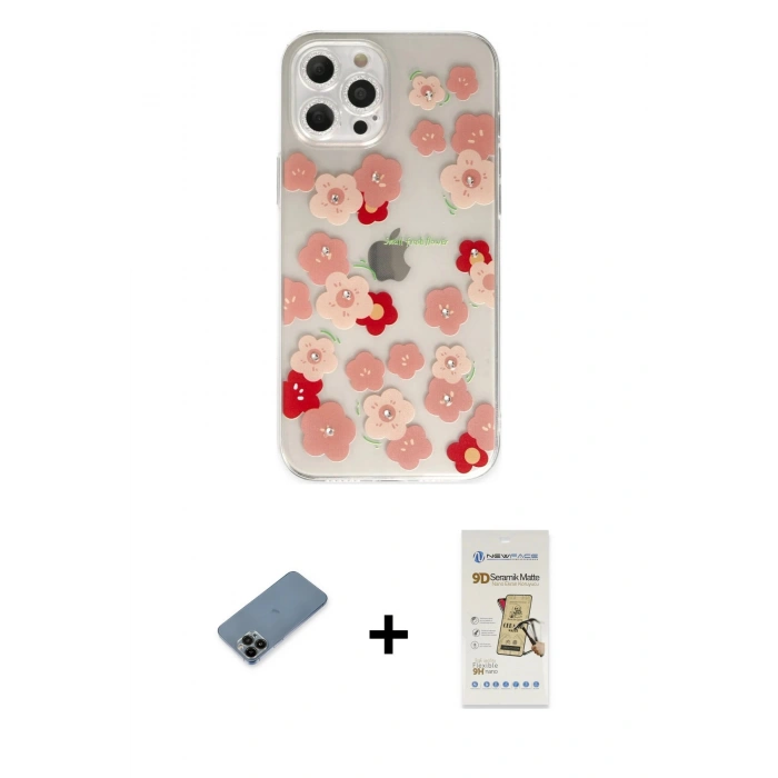 MARSİLYAN™- iPhone 12 Pro Max Kılıf Eksen Asil Prime - Siyah Mat Seramik Nano Ekran Koruyucu + Siyah Shine Kamera Lens Koruma Cam