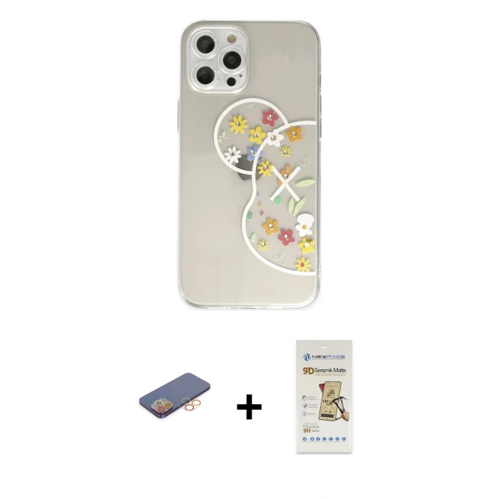 MARSİLYAN™- iPhone 12 Pro Max Kılıf Eksen Asil Prime - Siyah Mat Seramik Nano Ekran Koruyucu + Renkli Kamera Lens Koruma Cam - TU