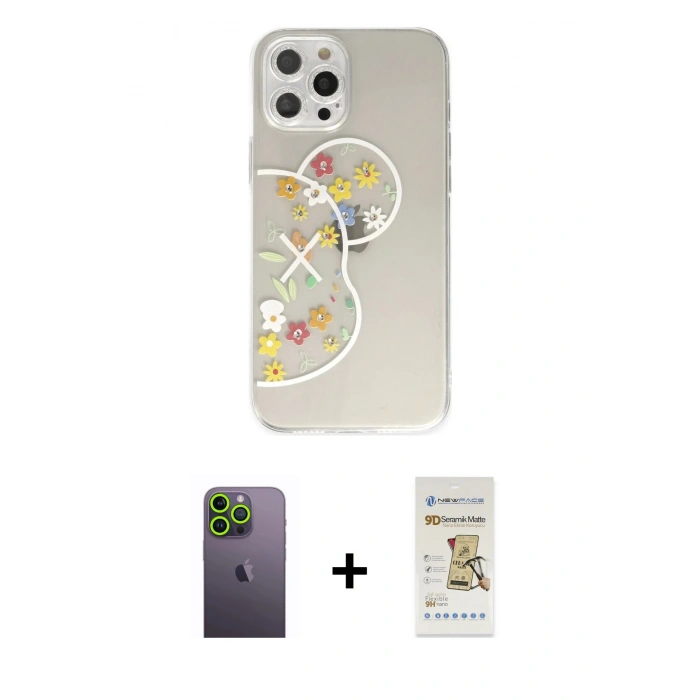 MARSİLYAN™- iPhone 12 Pro Max Kılıf Eksen Asil Prime - Siyah Mat Seramik Nano Ekran Koruyucu + Yeşil Neon Fosforlu Kamera Lens