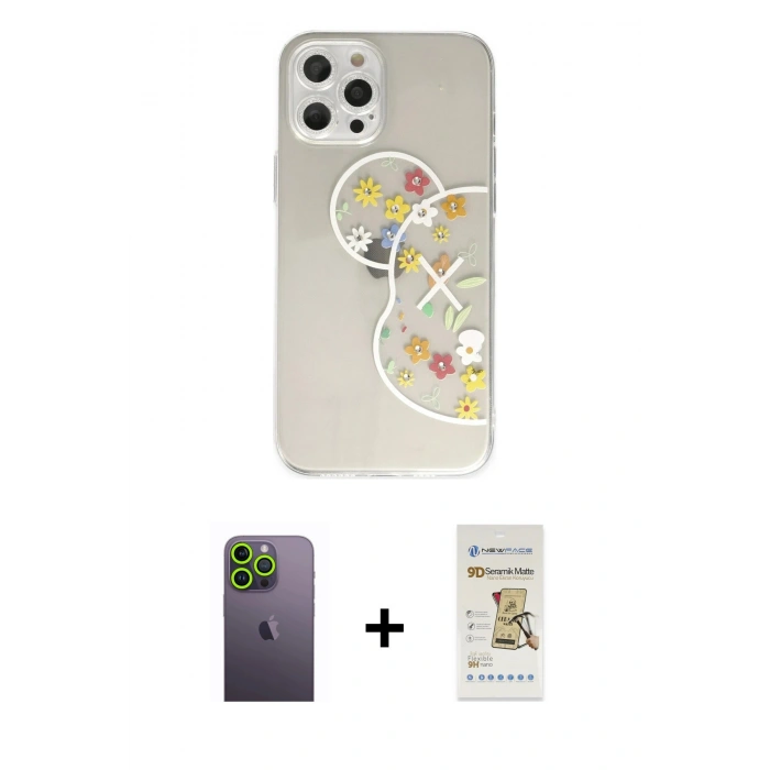 MARSİLYAN™- iPhone 12 Pro Max Kılıf Eksen Asil Prime - Siyah Mat Seramik Nano Ekran Koruyucu + Yeşil Neon Fosforlu Kamera Lens