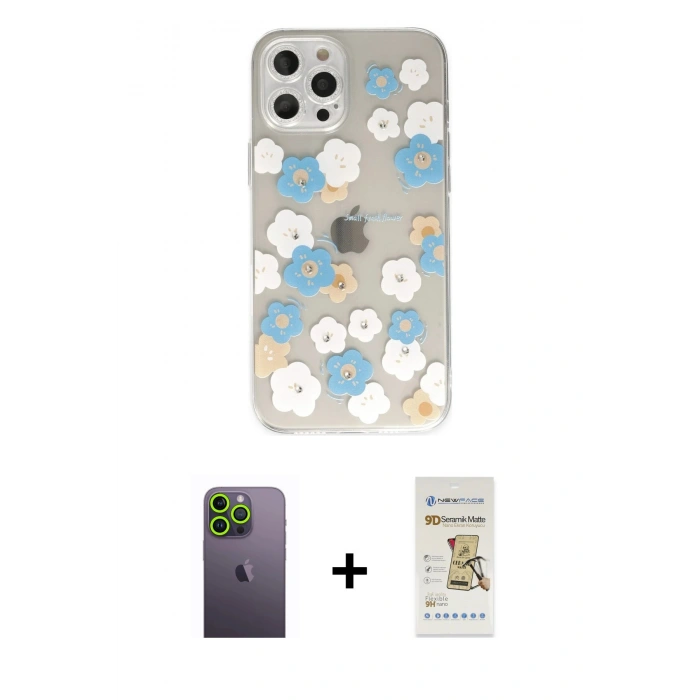 MARSİLYAN™- iPhone 12 Pro Max Kılıf Eksen Asil Prime - Siyah Mat Seramik Nano Ekran Koruyucu + Yeşil Neon Fosforlu Kamera Lens