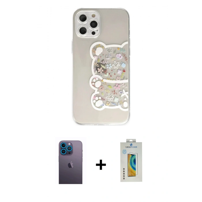 MARSİLYAN™- iPhone 12 Pro Max Kılıf Eksen Asil Prime - Siyah Polymer Nano Ekran Koruyucu + Neon Fosforlu Kamera Lens - MI