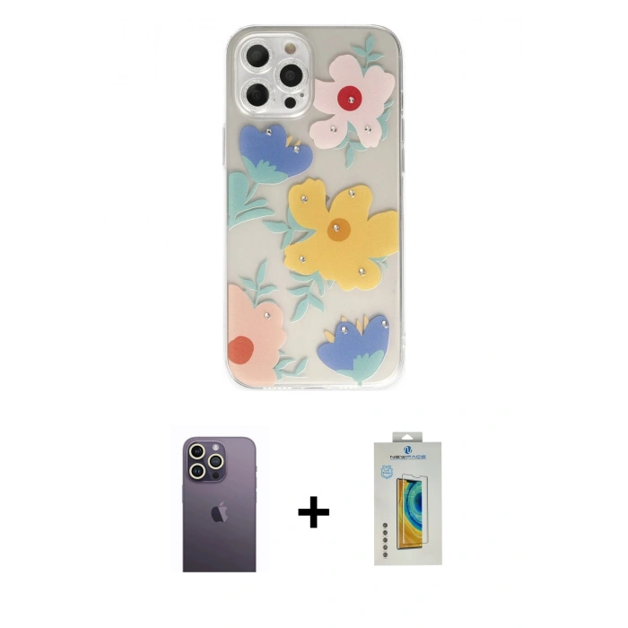 MARSİLYAN™- iPhone 12 Pro Max Kılıf Eksen Asil Prime - Siyah Polymer Nano Ekran Koruyucu + Neon Fosforlu Kamera Lens - BZ