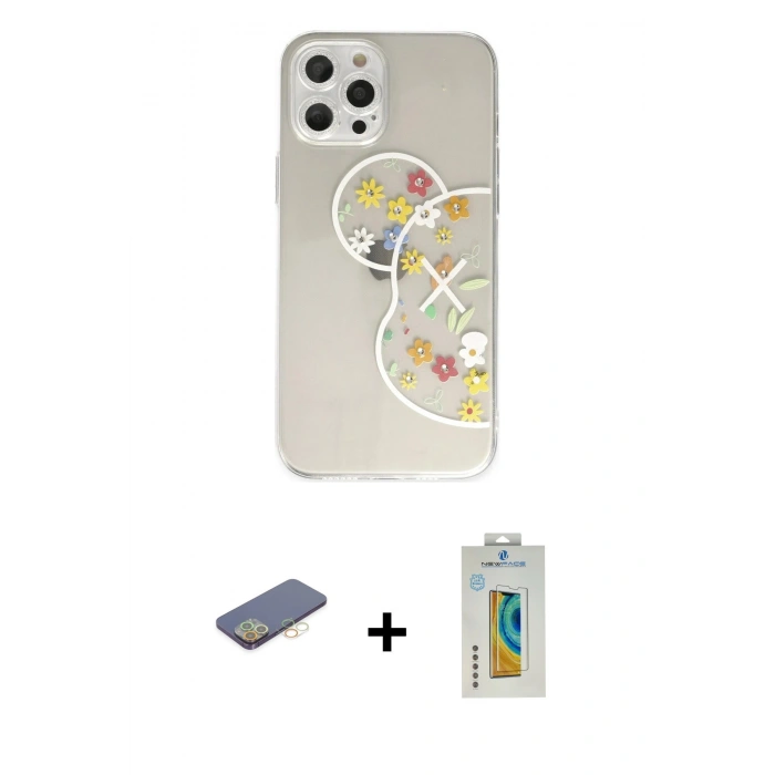 MARSİLYAN™- iPhone 12 Pro Max Kılıf Eksen Asil Prime - Siyah Polymer Nano Ekran Koruyucu + Renkli Kamera Lens Koruma Cam - SI